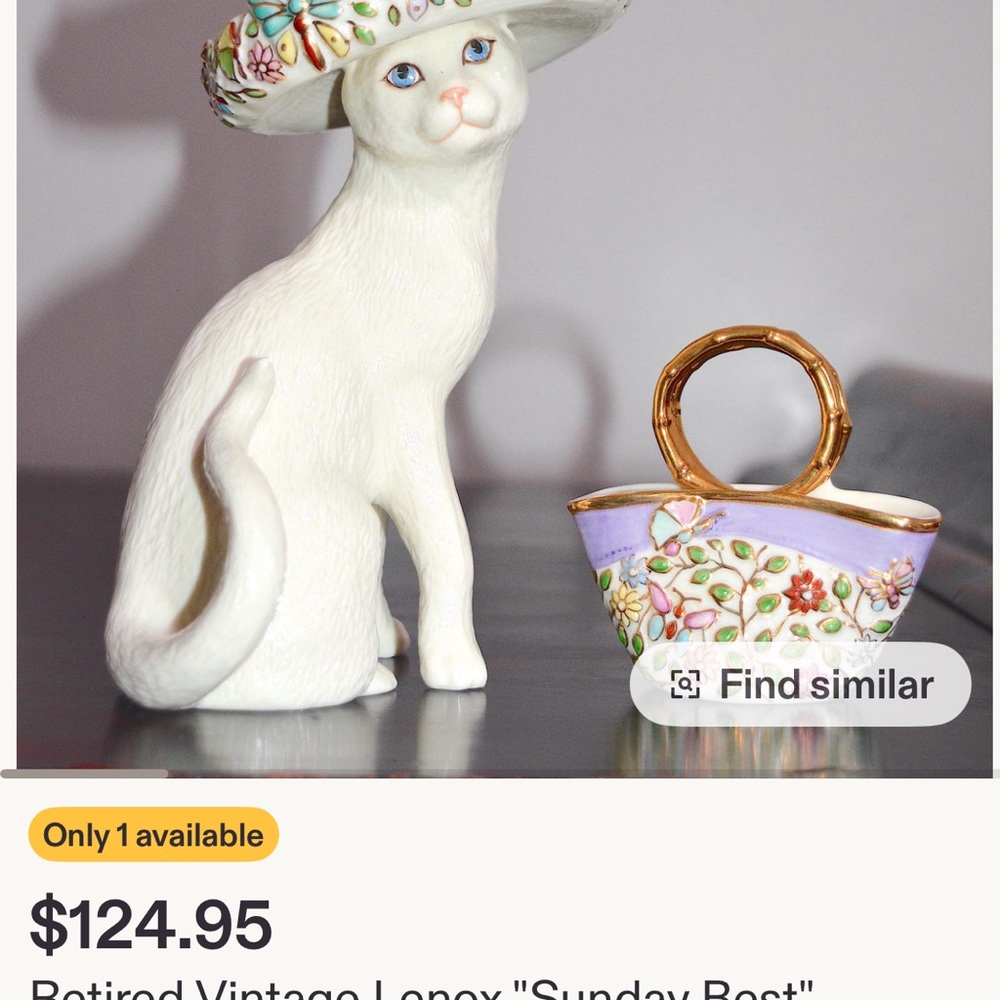 Lenox Vintage White Cat Figurine “Sunday Best” with Floral sombrero and Purse. - Picture 2 of 2